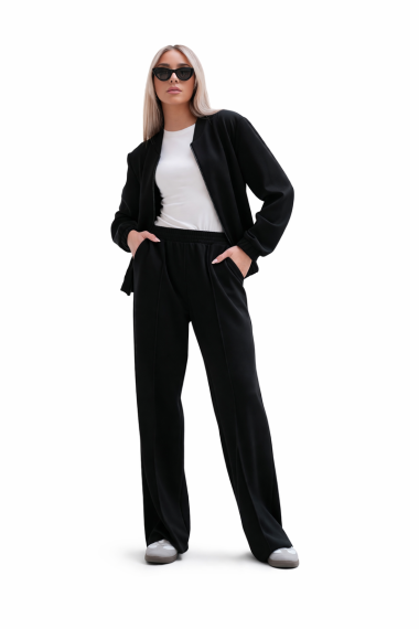 Luksusowy Komplet Damski Masełko Bluza Rozpinana + Spodnie Wide Leg Premium Soft Touch Elegancja & Komfort-CZARNY